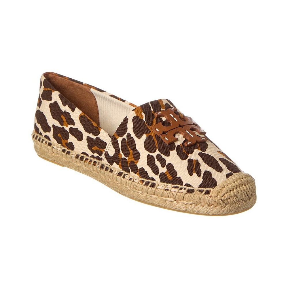 New Tory Burch Ines Leopard Print Canvas Espadrille Flats Brown Tan Women 9.5